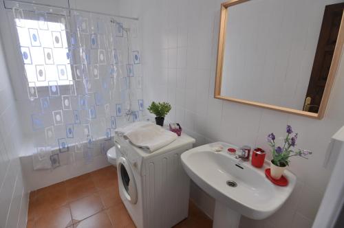 ein Badezimmer mit einem Waschbecken, einem WC und einem Spiegel in der Unterkunft Rnet - MT Apartaments in Roses