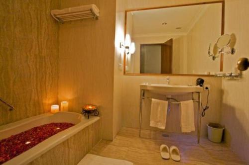 a bathroom with a tub and a sink and a mirror at The Hadoti Palace, Bundi in Būndi