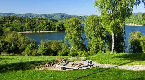 a park bench sitting in the grass near a lake at Ostoja Spokoju in Olchowiec