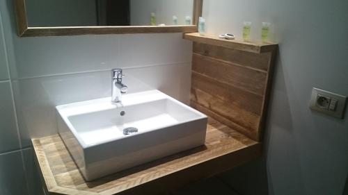 W łazience znajduje się biała umywalka i lustro. w obiekcie Hotel Panorama w mieście Overijse
