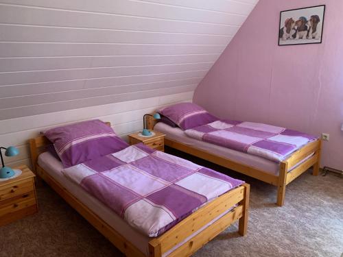 2 Betten in einem Zimmer mit lila Bettwäsche in der Unterkunft Ferienwohnung Duensing in Neudorf