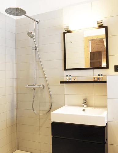 une salle de bain avec un lavabo et une douche avec un miroir dans l'établissement Valdez Suite, à Morzine