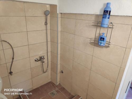 a shower with a bottle of water sitting on a shelf at Apartman Pavle 2 in Virpazar