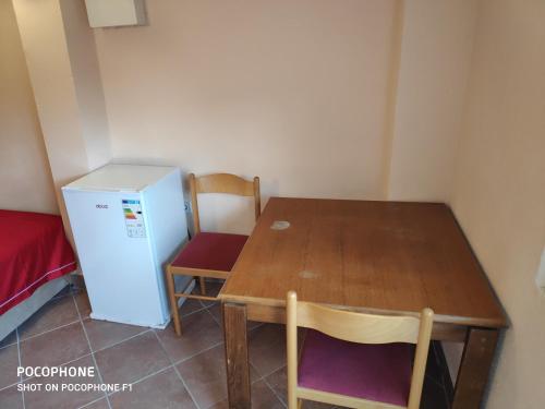 a small kitchen with a table and a refrigerator at Apartman Pavle 2 in Virpazar
