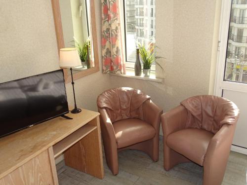 two brown leather chairs sitting next to a television at Value Stay Blankenberge in Blankenberge