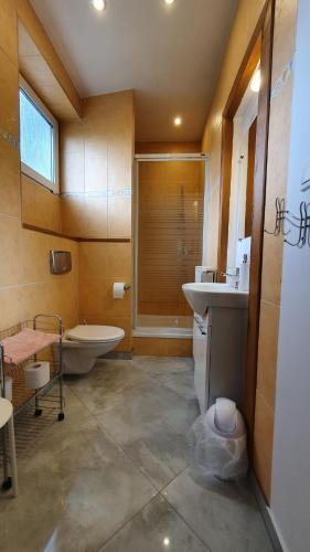 a bathroom with a tub and a toilet and a sink at Willa Nad Potokiem in Kudowa-Zdrój