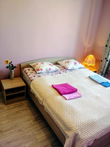 a bed with two pillows on it in a room at Liudmila in Liepāja