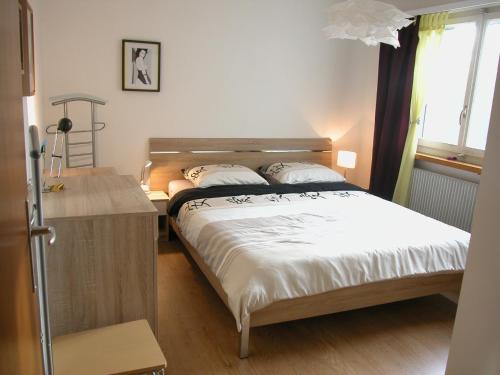 Schlafzimmer mit einem Bett, einem Schreibtisch und einem Fenster in der Unterkunft Joline private guest apartment just feel at home 