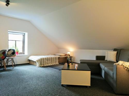 a living room with a couch and a bed at Penzion Drnovec in Cvikov