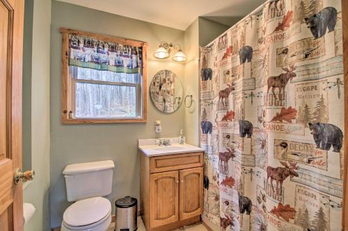 a bathroom with a toilet and a shower curtain at Spacious Mtn Cabin on 7 Private Acres in Athol! in Athol