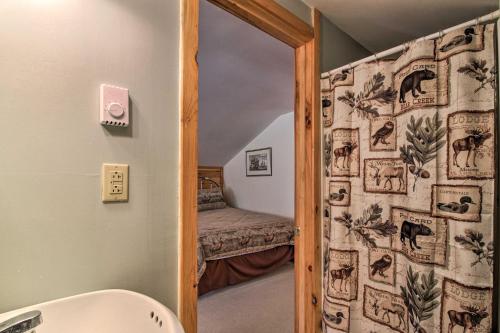 a bathroom with a door leading to a bedroom at Spacious Mtn Cabin on 7 Private Acres in Athol! in Athol