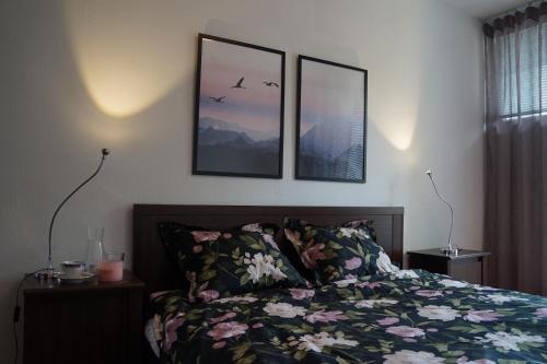 - une chambre avec un lit et trois photos sur le mur dans l'établissement Apartament Gliwice Centrum Dunikowskiego z garażem, à Gliwice