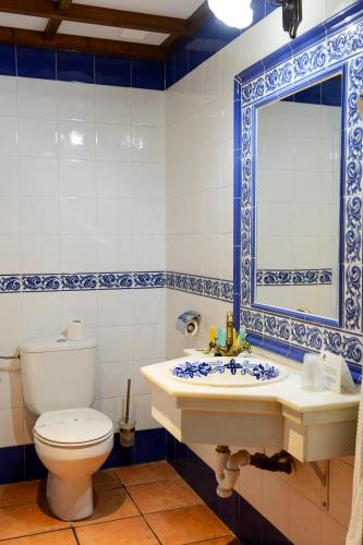 a bathroom with a toilet and a sink and a mirror at Hospedium Hotel Rural Soterraña in Madroñera