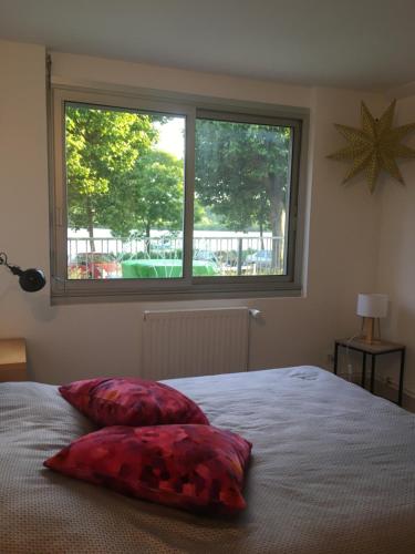 um quarto com duas almofadas numa cama com uma janela em Le bord de Loire em Basse-Indre