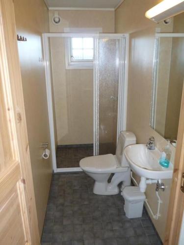 a bathroom with a shower and a toilet and a sink at Adventure Camp Mehamn in Mehamn