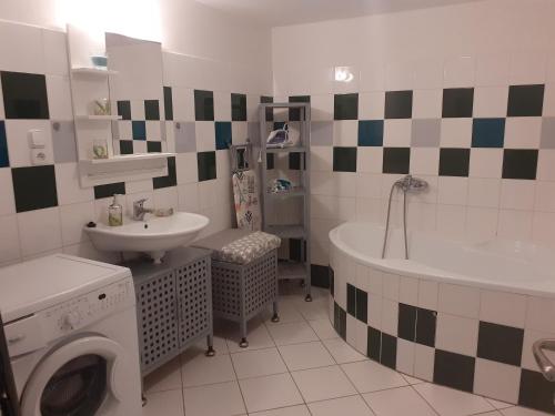 a bathroom with a tub sink and a washing machine at Garsonka in Jílové u Prahy
