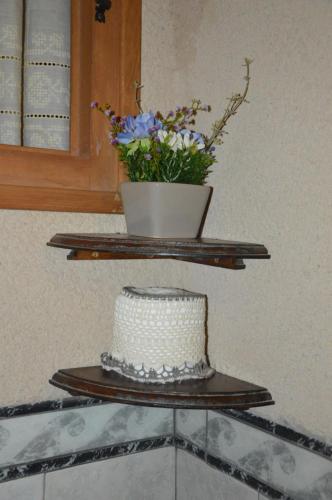 a cake on a shelf with a pot of flowers at Cal Gorro in Arnés
