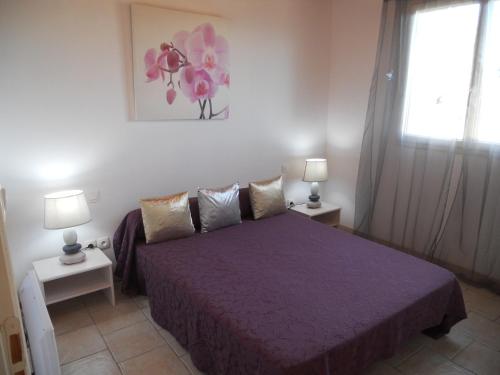 a bedroom with a purple bed and two lamps at Gîtes Sassone in Alata