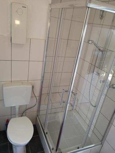 La salle de bains est pourvue d'une douche et de toilettes. dans l'établissement Wohnlich, à Würselen