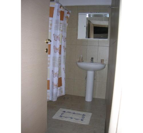 Un baño con lavabo y cortina de ducha. en Villa Kastri, en Gavdos