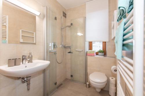a bathroom with a shower and a sink and a toilet at Ferienwohnungen Knippschild in Lofer
