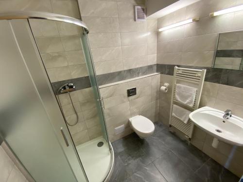 een badkamer met een douche, een toilet en een wastafel bij Hotel Arena in Liberec