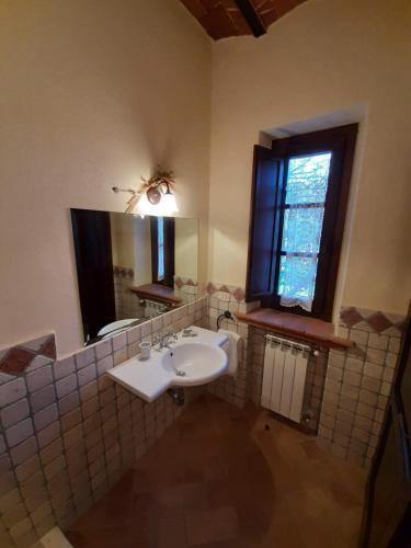 baño con lavabo, espejo y ventana en Agriturismo Lupo Vecchio, en Grosseto