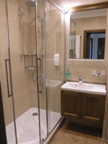 a bathroom with a shower and a sink at 7 Pools SPA Boutique Hotel in Bansko