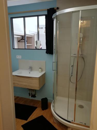 a bathroom with a shower and a sink at L'Escale Fougeraise in Fougères