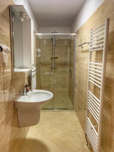 a bathroom with a shower and a toilet and a sink at Pensiunea Eladi in Borşa