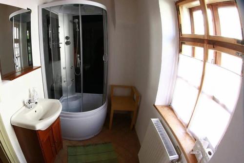 a bathroom with a shower and a sink and a toilet at Pensiunea Oppidum in Biertan