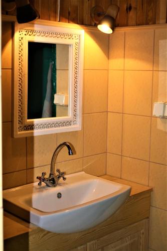 a bathroom with a sink with a mirror and a mirror at Agroturystyka Szafarnia 19 in Kurzętnik