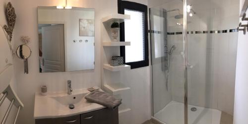 La salle de bains est pourvue d'un lavabo, d'une douche et d'un miroir. dans l'établissement Le Mas des Oliviers, à Gréoux-les-Bains