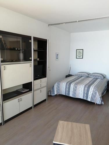 une chambre avec un lit et un grand miroir dans l'établissement Cap sur l'Océan pour 4 personnes, à La Baule