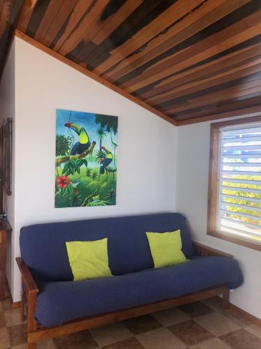 a blue couch with yellow pillows in a room at Colinda Cabanas in Caye Caulker