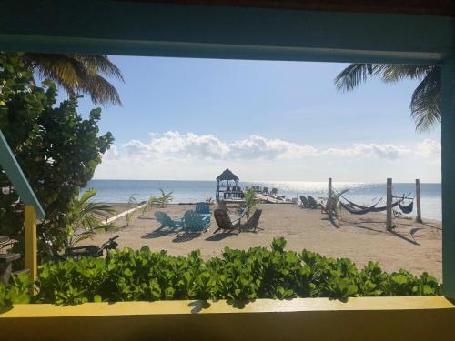a view of a beach with chairs and the ocean at Colinda Cabanas in Caye Caulker