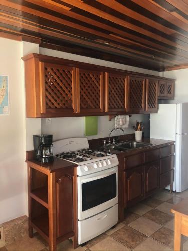 a kitchen with wooden cabinets and a stove top oven at Colinda Cabanas in Caye Caulker