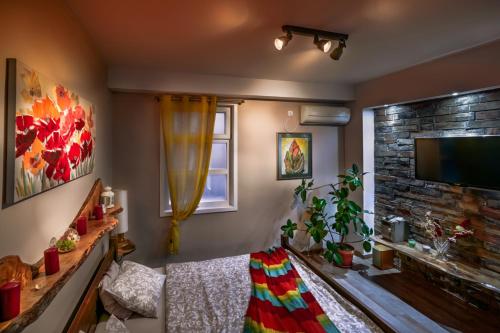 a living room with a couch and a tv at Natura Airport Apartment in Belgrade