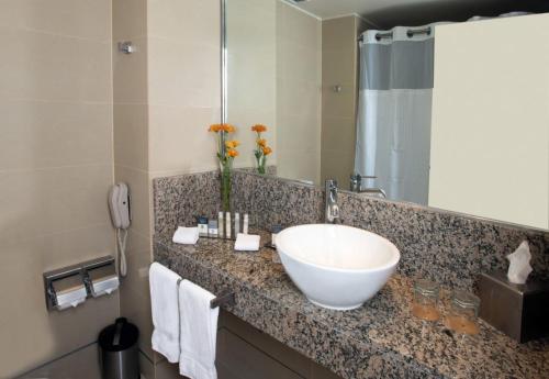 a bathroom with a white bowl sink and a shower at Alto del Sol Calama in Calama