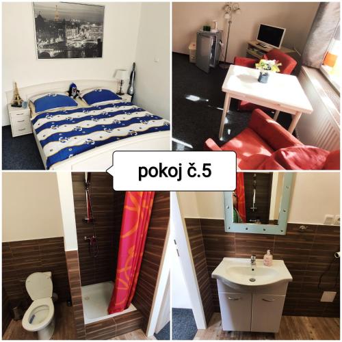 a collage of photos of a bedroom and a room at Penzion u Krtka in Kraslice