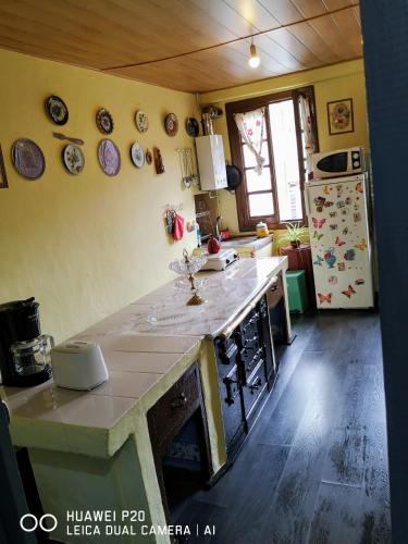 a kitchen with a stove and a counter with plates on the wall at Pensión Santa Rosa in Samos
