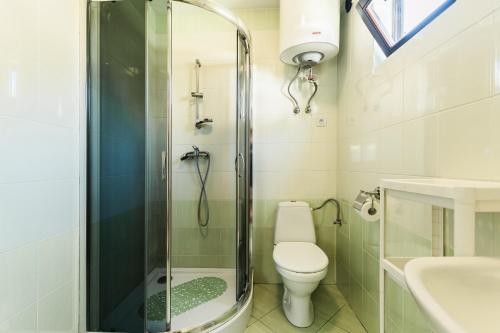 a bathroom with a shower and a toilet and a sink at Domki Letniskowe in Sztutowo