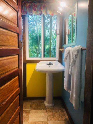 a bathroom with a sink and a window at Colinda Cabanas in Caye Caulker