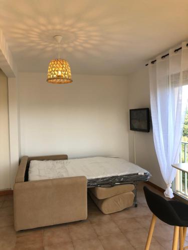 une chambre avec un lit et un lustre dans l'établissement Spacieux studio lumineux proche du centre, à Ajaccio