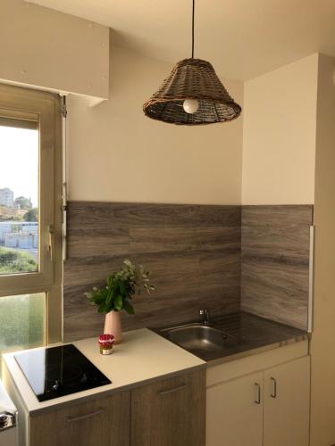 une cuisine avec un évier et une lampe pendant dans l'établissement Spacieux studio lumineux proche du centre, à Ajaccio