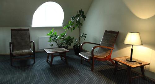 a waiting room with chairs and a lamp and a plant at Sagadi Manor Hotel in Sagadi