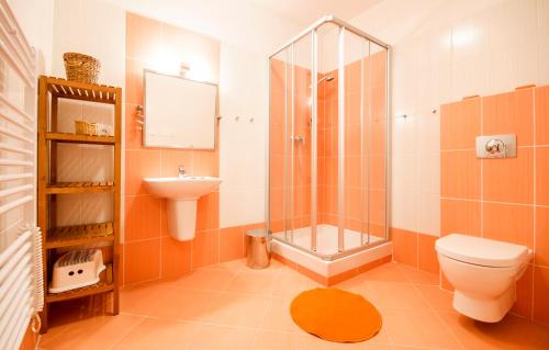 a bathroom with a shower and a toilet and a sink at Apartmány Hrabovská dolina in Ružomberok