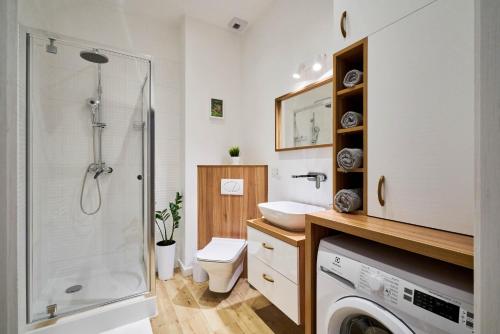 La salle de bains est pourvue d'une douche, de toilettes et d'un lavabo. dans l'établissement Apartament Ceglany - centrum, prywatne miejsce parkingowe, klimatyzacja, à Kielce