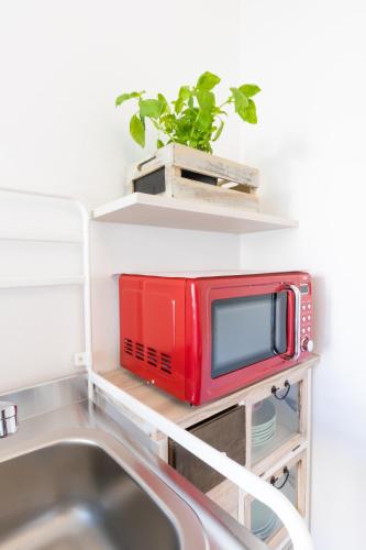 a red microwave sitting on a shelf next to a sink at Marialuisa's Home - Le Rive Del Lago in Desenzano del Garda