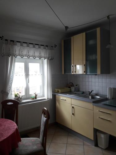una cucina con lavandino e finestra di Ferienwohnung Wilke a Lübbenau